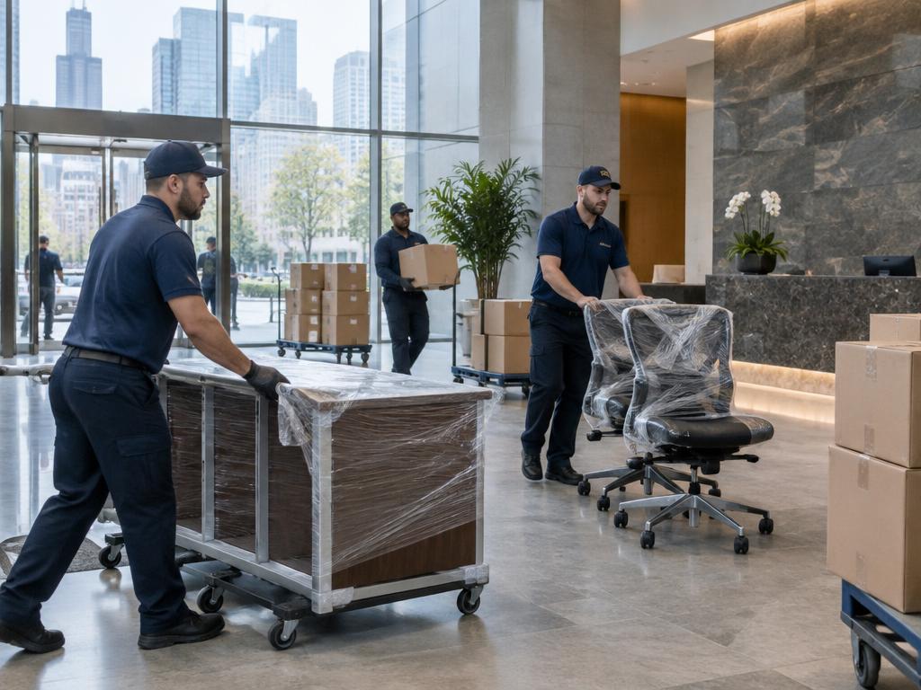 Professional crew moving office furniture in a Chicago commercial building