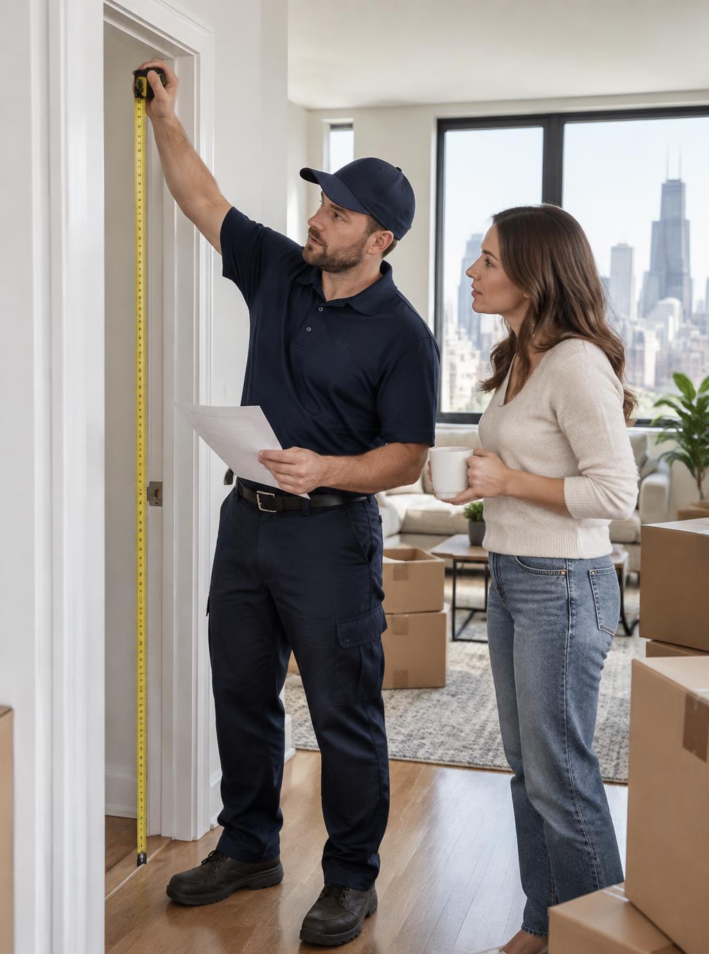 Mover measuring a doorway while preparing an estimate with a customer