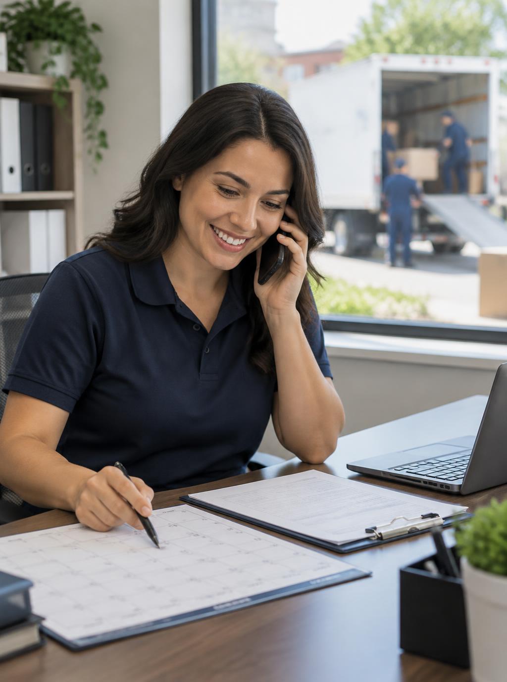 Moving coordinator confirming a scheduled move by phone
